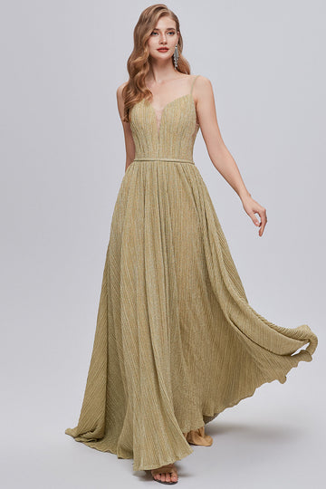 Golden Ruched A-Line Long Ball Dress